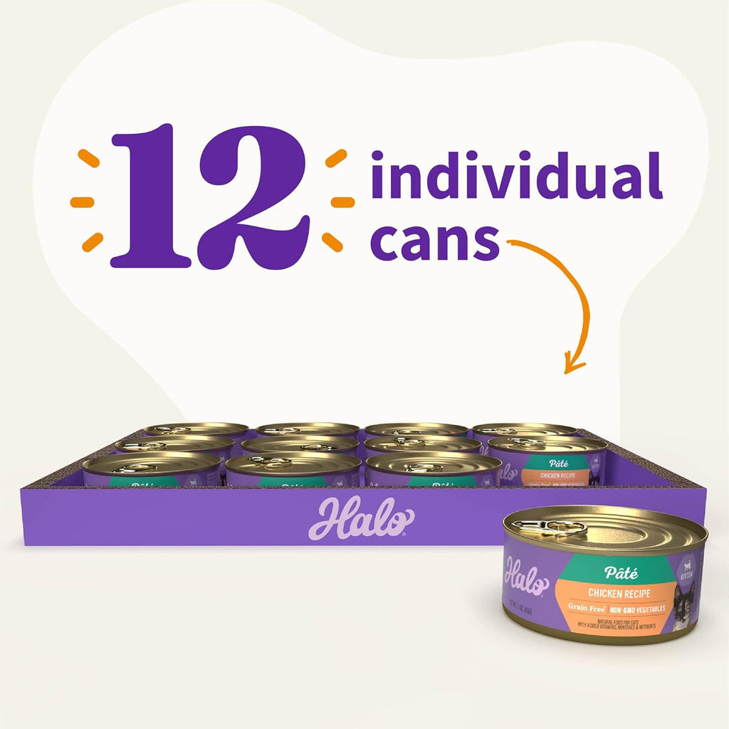 Halo Wet Kitten Food Whole Chicken Recipe, Grain Free Wet Cat Pate, Canned Cat Food to Support Brain Development, 3 Oz Can (Pack of 12)