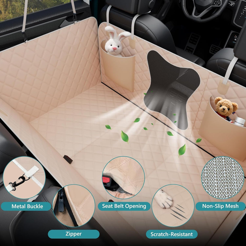 Waterproof Dog Car Seat Cover for Back Seat – Heavy Duty Back Seat Extender for Dogs with Hard Bottom, 7-Layer Protection, Non-Slip & Scratchproof, Easy to Install (Beige)