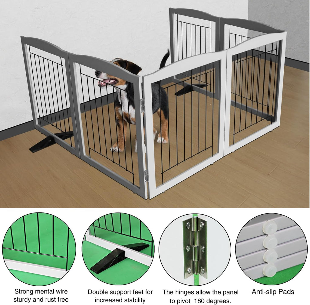 ZJSF Freestanding Dog Fence Indoor, Foldable Dog Gate for Doorways, Stairs or Hallways, Sturdy Wood Extra Wide Pet Gate with Support Feet for The House, Grey, 24 "Height-6 Panels