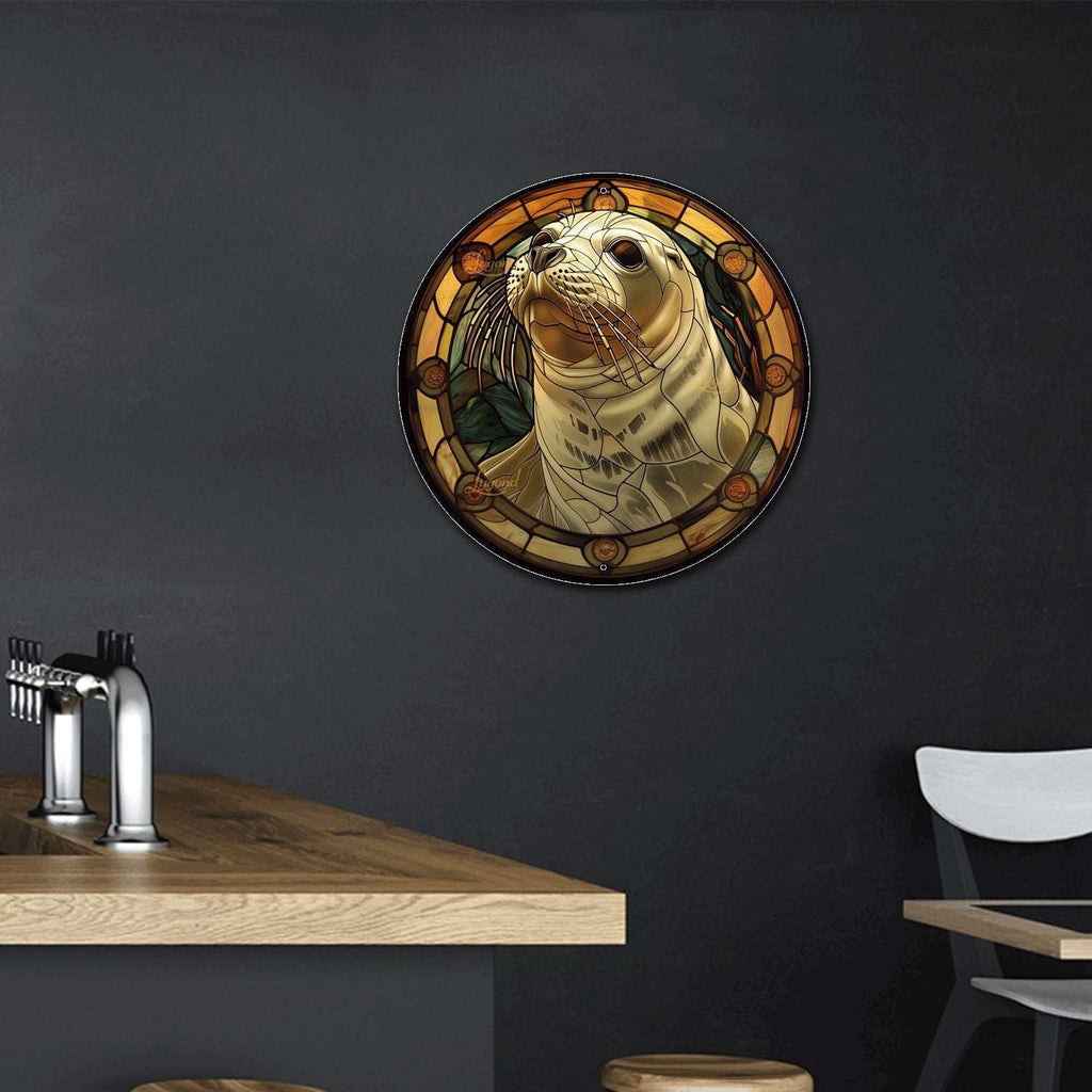 Lygond Metal Sign Tin Sign Circular Stained Glass Harbor Inspirational Wall Art for Bar 8×8 Inches