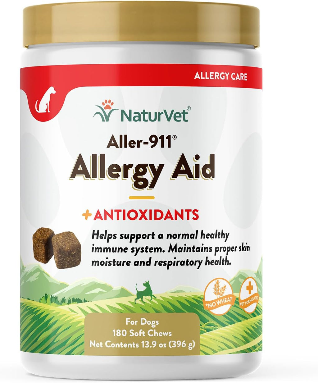 NaturVet Aller-911 Advanced Allergy Aid for Dogs, Cats – Antioxidant-Rich Pet Supplement with Omegas, DHA, EPA – Helps Support Dog Immune System, Cat Respiratory Health, Skin Moisture 180 Soft Chews