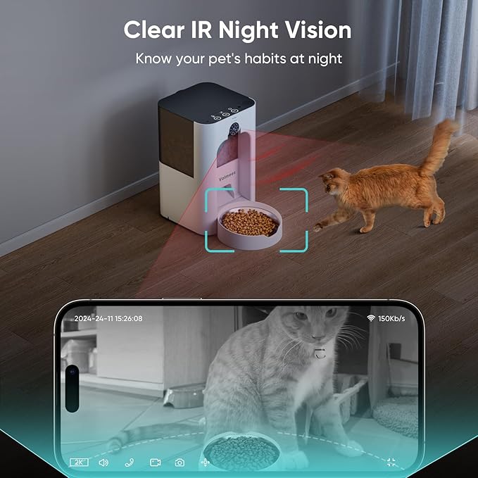 Automatic Cat Feeder with 2K Camera, Laser Tease Pet, 2.4 & 5GHz WiF Pet Feeder for Cat & Dog, Schedule Feeding Pet Food Dispenser w/Camera Rotates Up and Down, Night Vision, 2-Way Audio, 4L