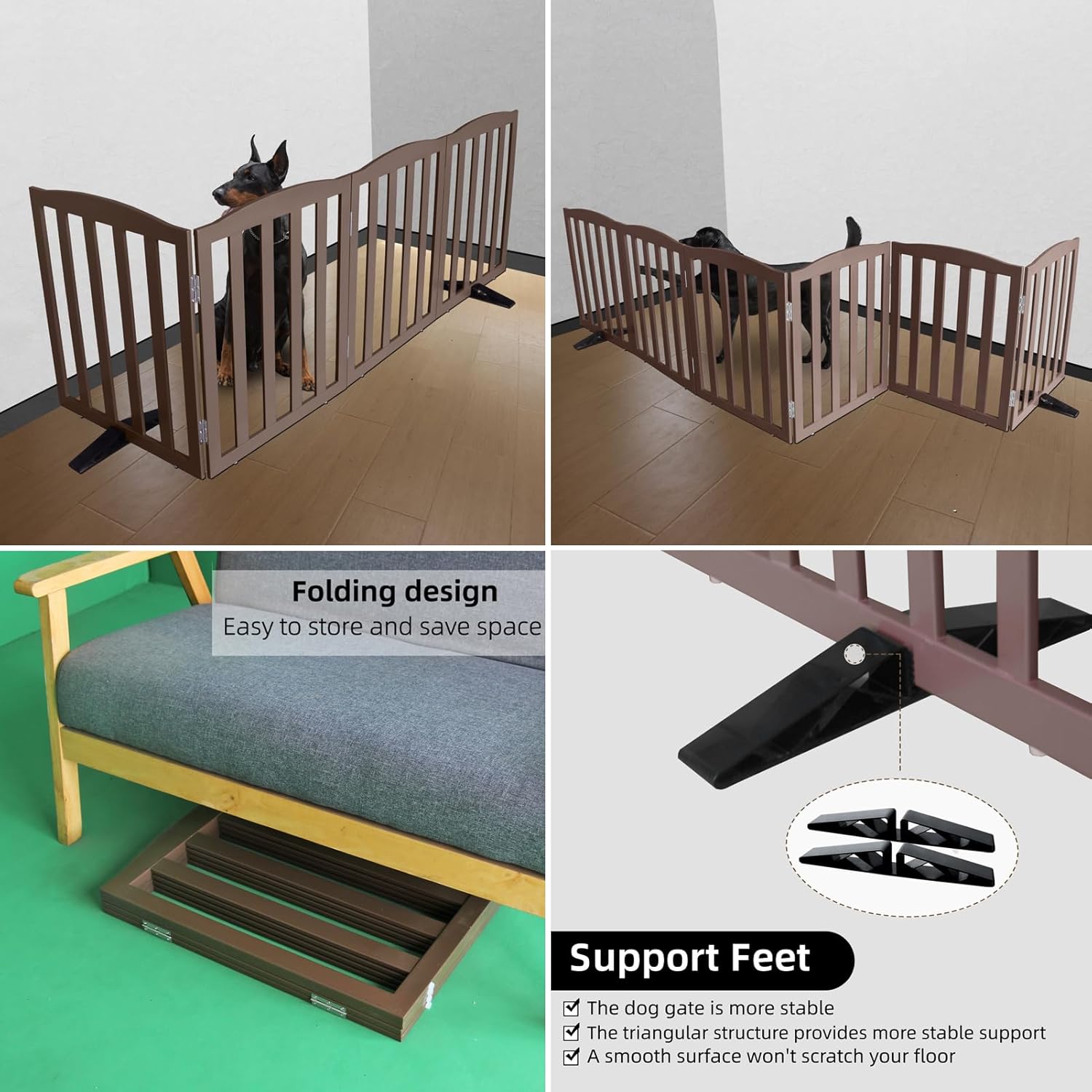 ZJSF Foldable Freestanding Indoor Dog Gate for House Wood Long Pet Gates Dog Fence for Stairs Puppy Gates for Hallways, Puppy Gate,Support Feet Included, Brown, 24 "Height-4 Panels