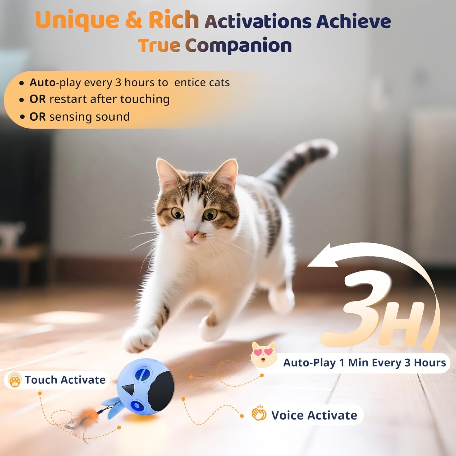 ORSDA Cat Toys, Interactive Cat Toy for Indoor Cats, Automatic Moving Ball Bird for Indoor Adult Cats Kitten Toys All Breeds, Fast Rolling Motion Activated Chirping Stimulating Light, 2 Feather Refill