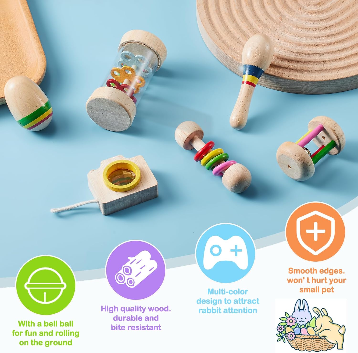 6 Pcs Wooden Bunny Toys - Safe Rabbit & Guinea Pigs Teeth Grinding Toys for Chinchillas, Hamsters & Small Animals - Indoor & Outdoor