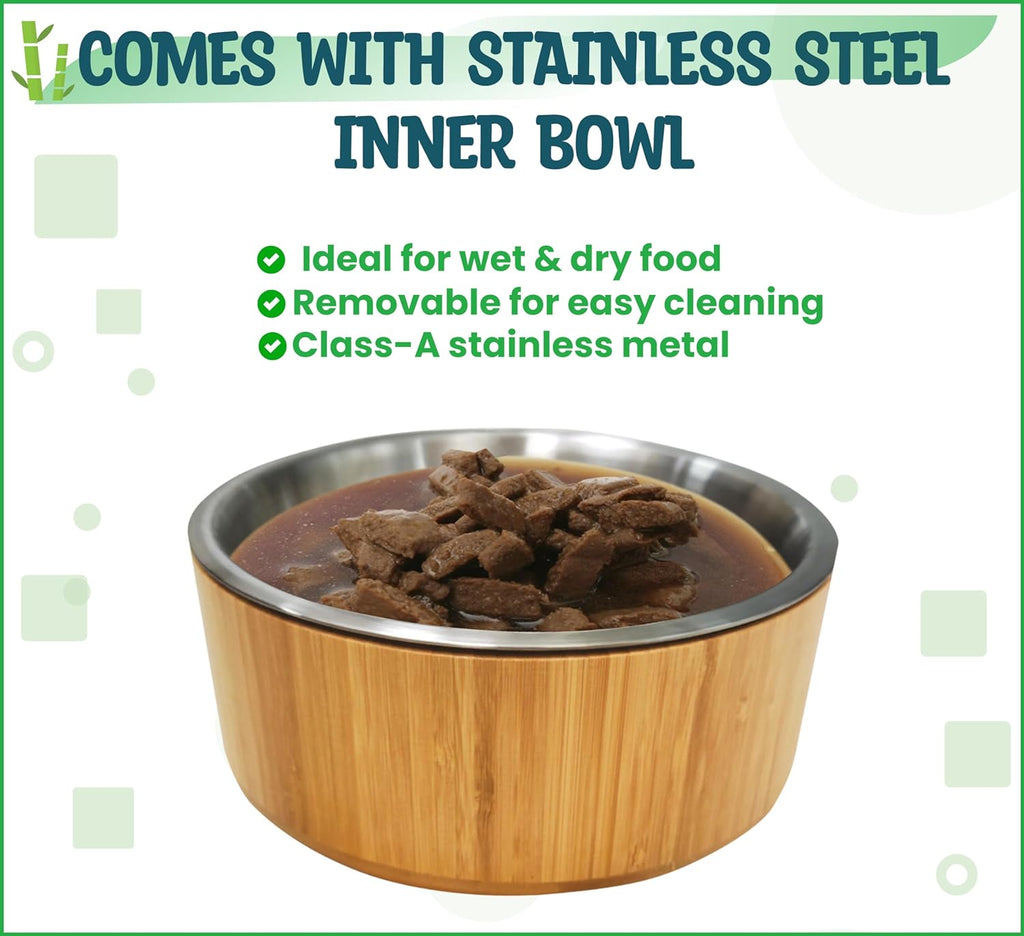 Dog Bowls Elevated, 12-inch High, 5-Cup Cap - Set of Bamboo Holder, Stainless Inner Dish and Stand - Ideal for Medium to Large Breeds - All-Detachable Parts