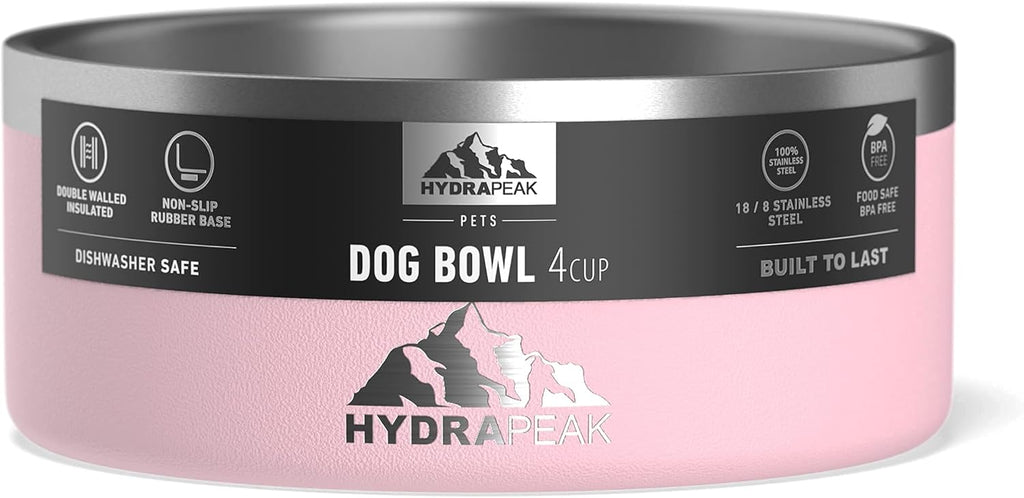 Hydrapeak Dog Bowl; Non Slip Stainless Steel; Water and Food Dish; Large Sized and Small Dogs; 32oz 64oz; Multiple Sizes; 4 Cup | Pink