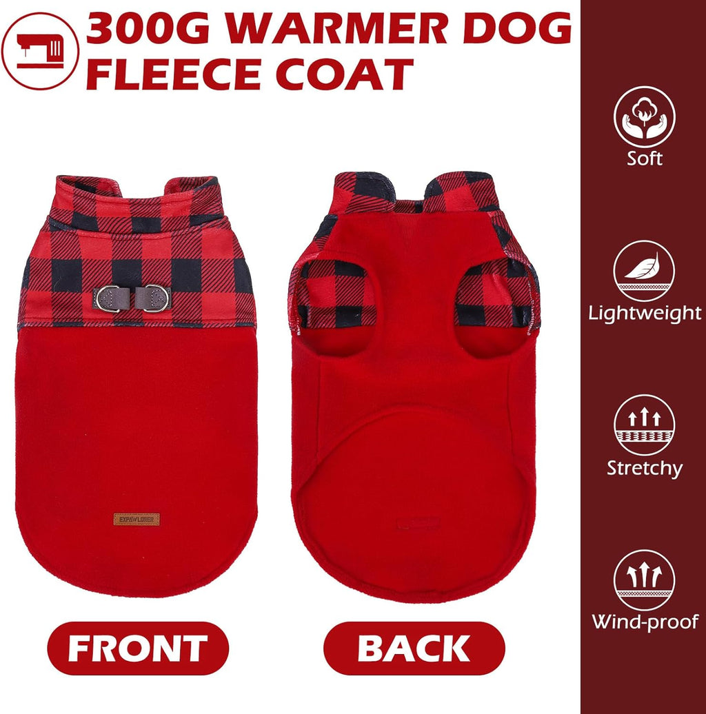 EXPAWLORER Fleece Dog Sweater - Classic Plaid Dog Jacket, Winter Coat Vest with 2 D-Rings for Leash, Pet Cold Weather Clothes, Sweatershirt for Boy or Girls