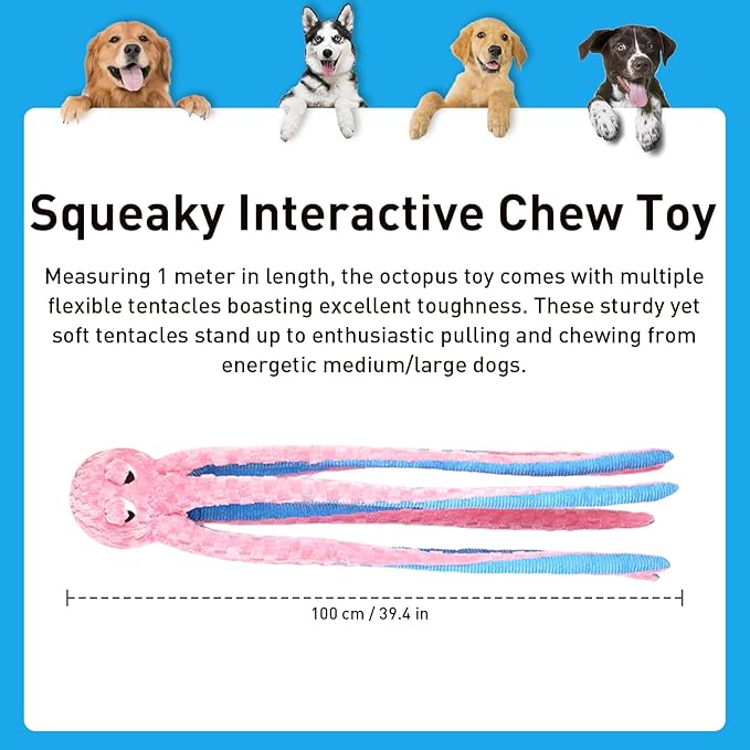 1M Long Giant Octopus Tough Dog Toy - Squeaky Interactive Tug of War Chew Toy, Boredom Buster for Medium & Large Dogs (Pink)