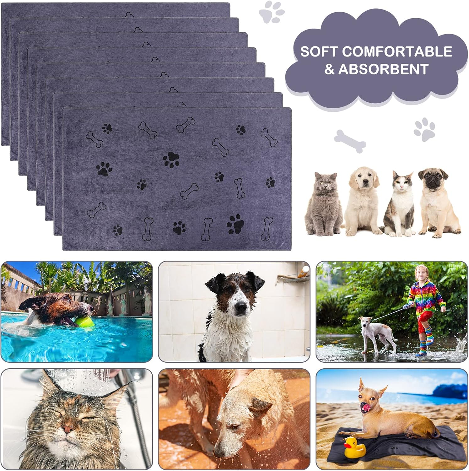 Chumia 8 Pcs Dog Towels for Drying Dogs Cats Pet Towels Bulk Puppy Microfiber Quick Drying Paw Bath Bathing Supplies Absorbent for Medium Pets(Gray,40 x 24 Inch)