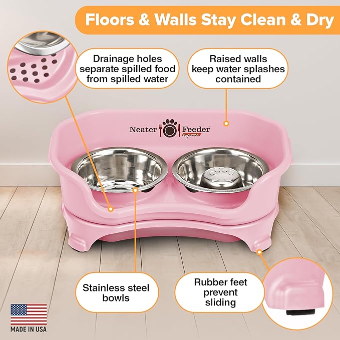 Neater Feeder Express Mess Proof Dog Bowls Elevated for Small Breed – Made in USA – No Spill Raised Slow Feeder Elevated Dog Bowl Stand, Stainless Steel Food and Water Bowl Set, Pink