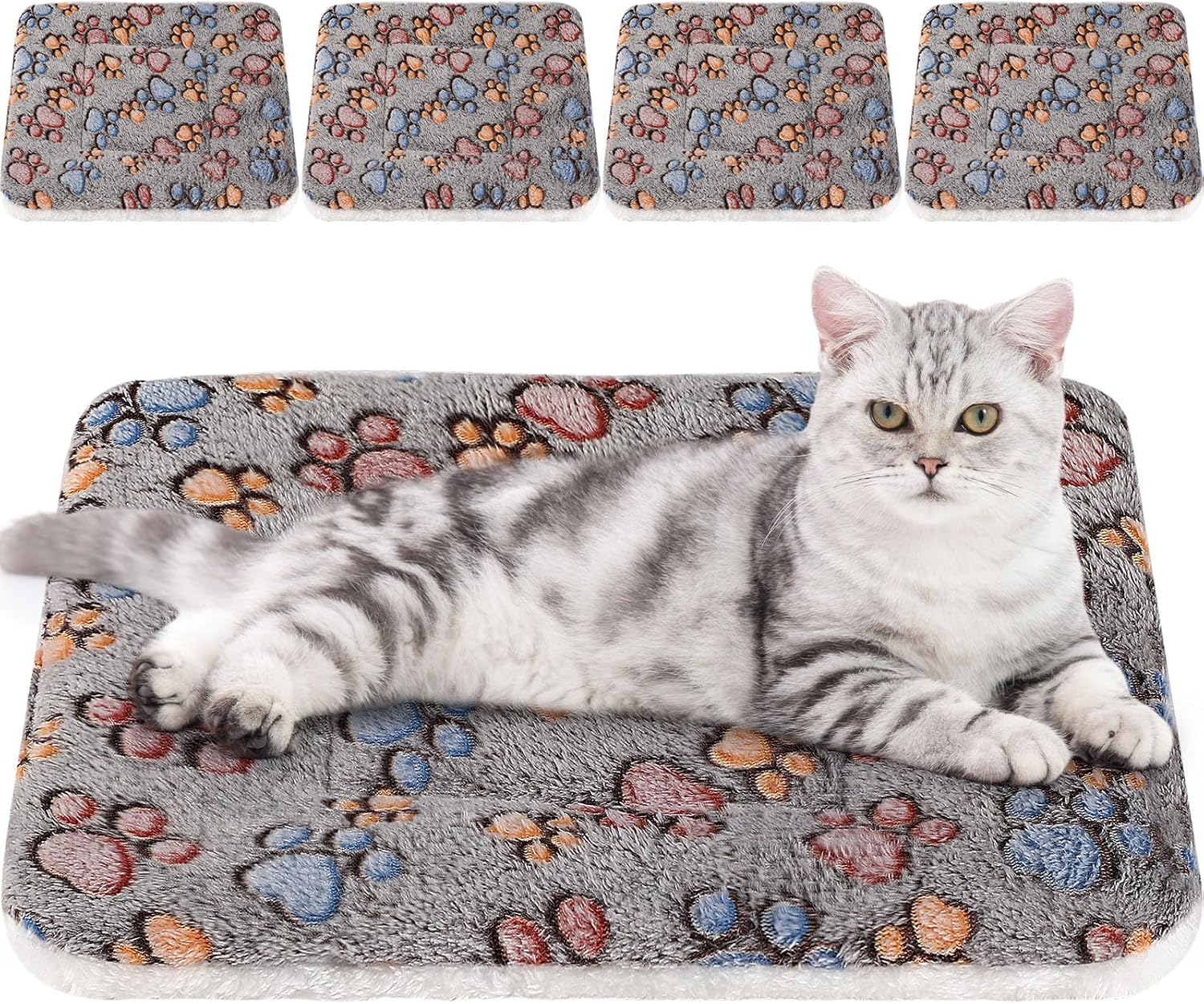 4 Pack Ultra Soft Dog Cat Bed Mat with Cute Prints Reversible Fleece Dog Crate Kennel Pad Cozy Washable Thickened Hamster Guinea Pig Pet Bed Mat for Small Animals(21 x 14 Inches,Gray)