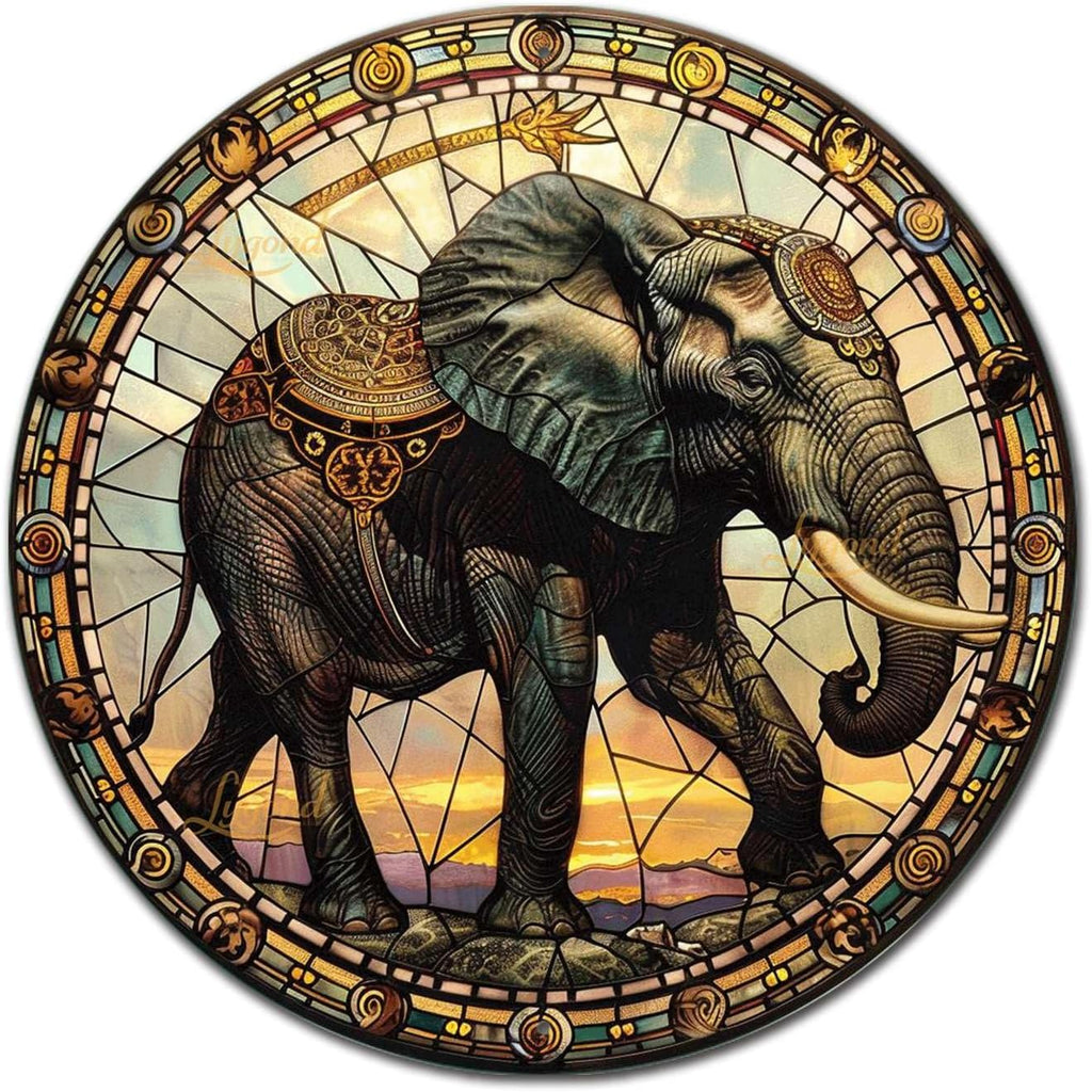 Lygond Metal Sign Tin Sign Circular Stained Glass Elephant Garden Tin Sign for Yard 8×8 Inches