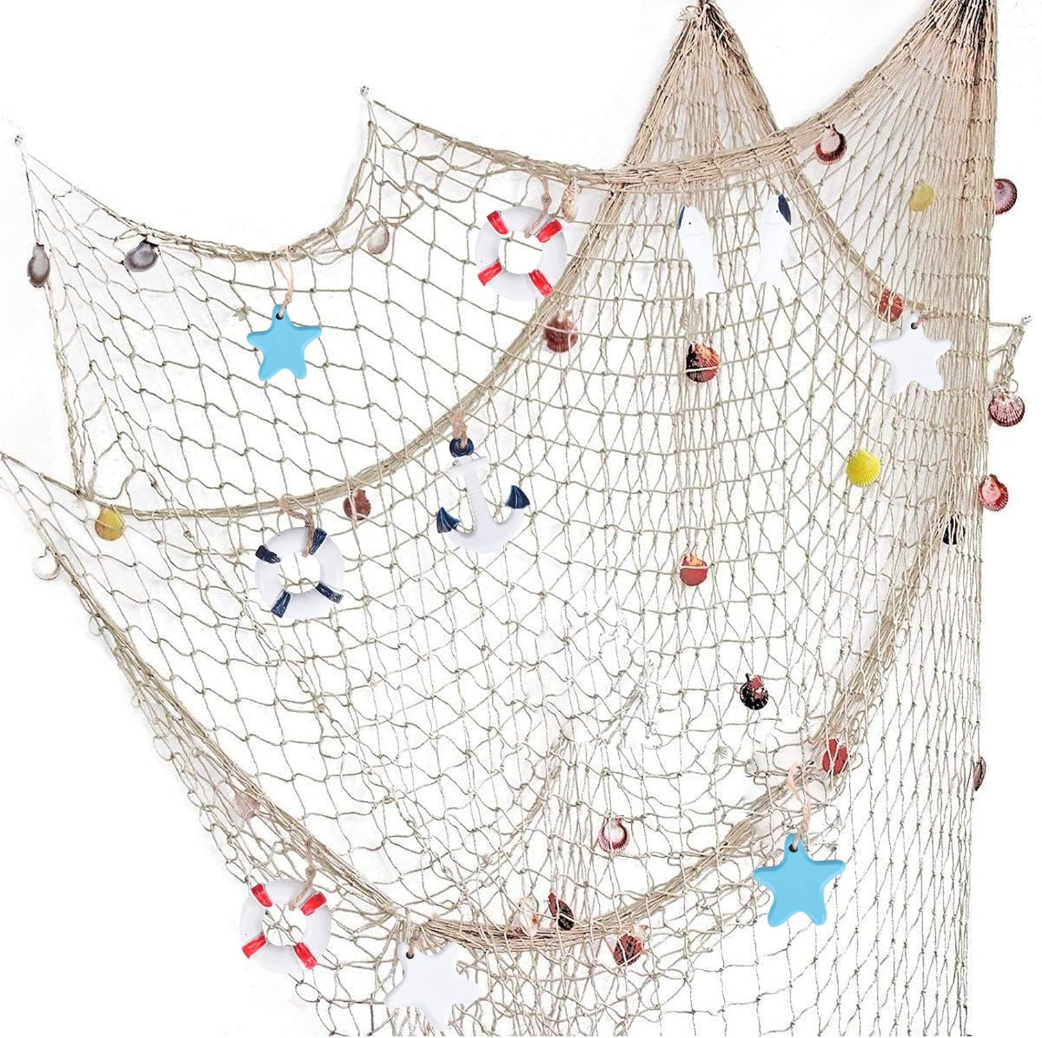 Nature Fish Net Wall Decoration with Shells, Ocean Themed Wall Hangings Fishing Net Party Decor for Pirate Party,Wedding,Photographing Decoration (2pack-Beige/Beige)