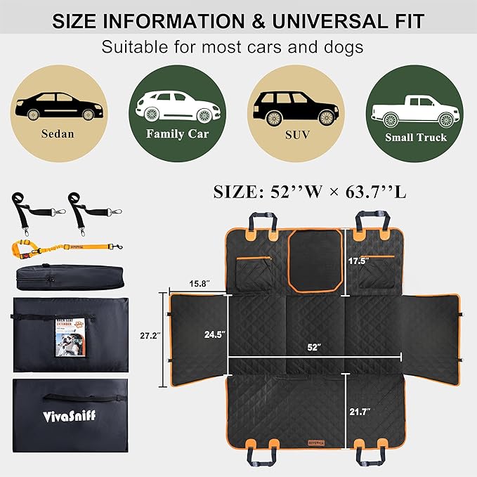 Hard Bottom Back Seat Extender for Dogs, Waterproof Dog Car Seat Cover, 420lb Support, 600D Heavy Duty Car Seat Protector Dog Hammock for Sedan, SUV, Small Truck(Black & Orange)
