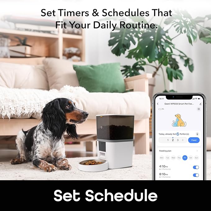 Geeni 6L Smart Pet Feeder - Automatic Cat and Dog Food Dispenser, WiFi Control, Voice Recorder, Battery Backup, Large Capacity, Portion Control - White