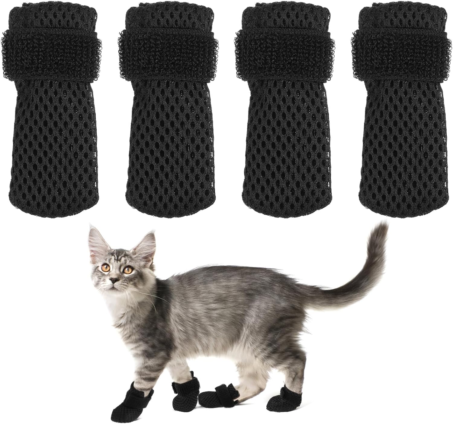 Cat Booties to Prevent Scratching: 4pcs AntiScratch Cat Claw Covers for Feeding Medicine, Pet Grooming, Bathing Shaving Checking, and Nail Trimming, Black Pet Shoes Socks Caps Mittens Paw Protector M