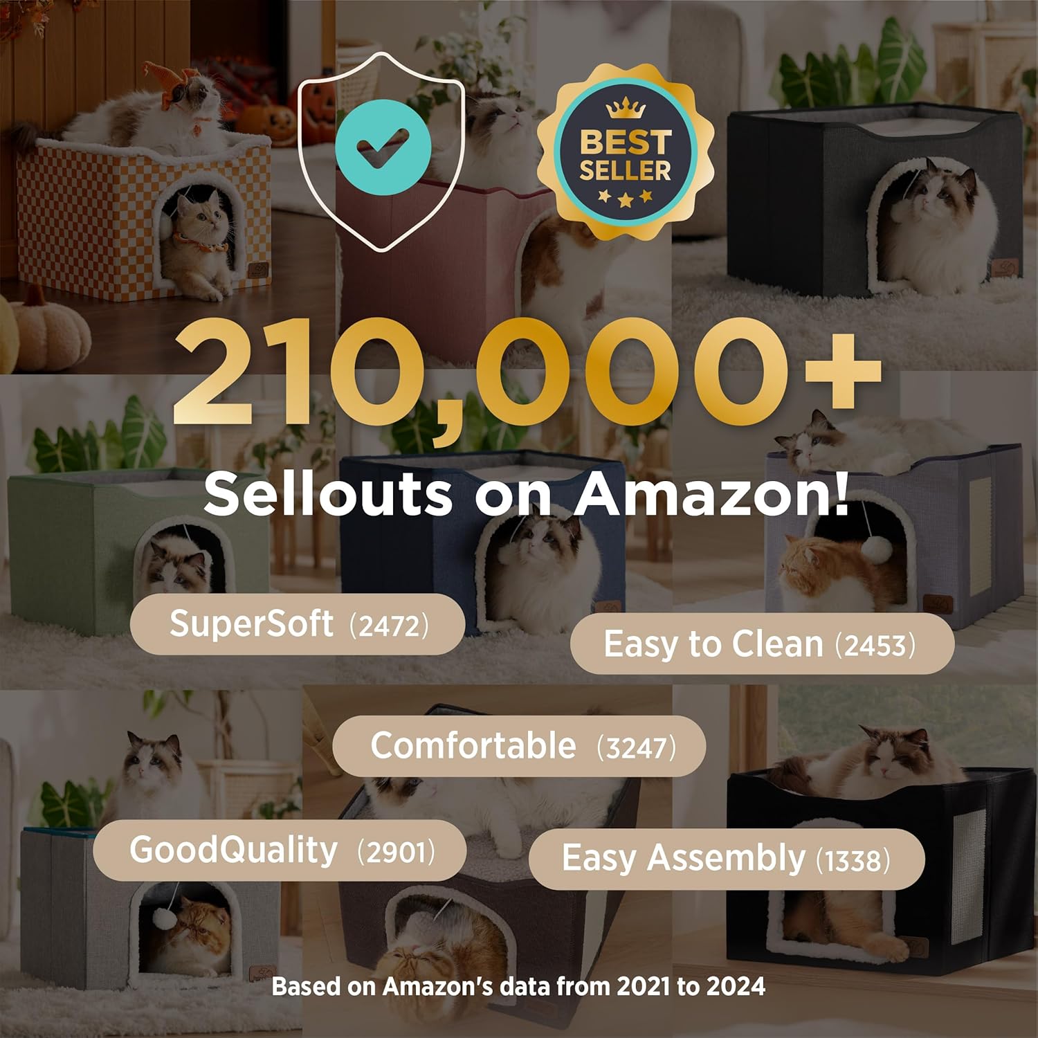 Bedsure Cat Beds for Indoor Cats - Large Cat Cave for Pet Cat House with Fluffy Ball Hanging and Scratch Pad, Foldable Cat Hideaway, 16.5x16.5x13 inches, Loden Green