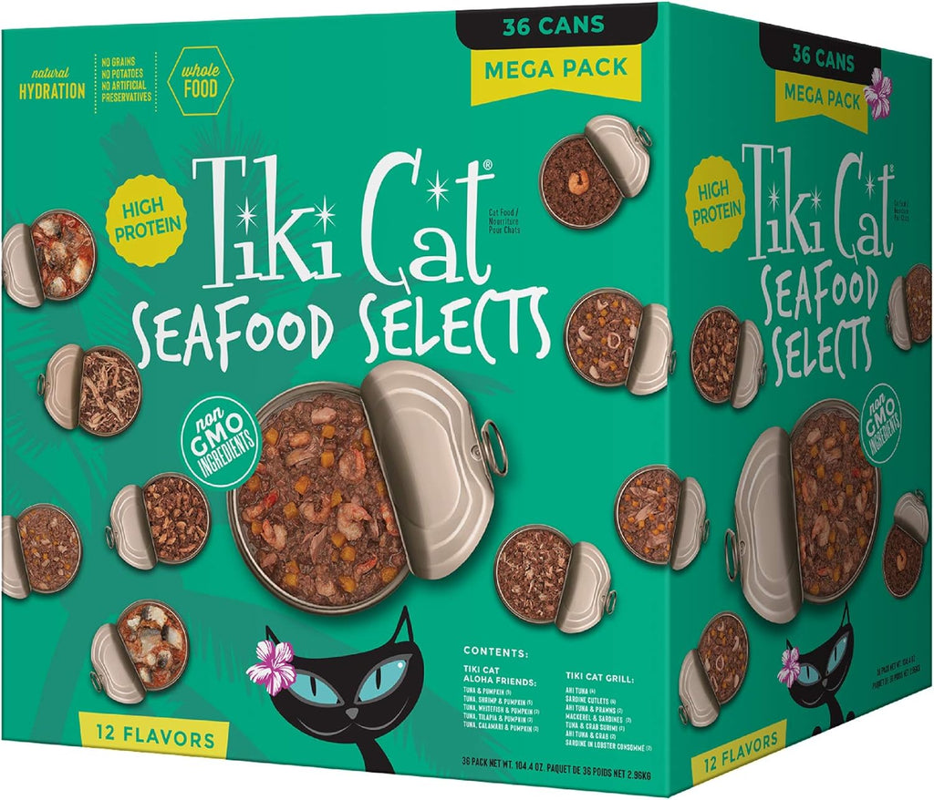 Tiki Cat Seafood Selects, Ultimate Variety Pack, 36 High Protein Servings with Real Flaked Fish, Wet Cat Food Mega Pack, 2.8 and 3 oz. Cans (Pack of 36)