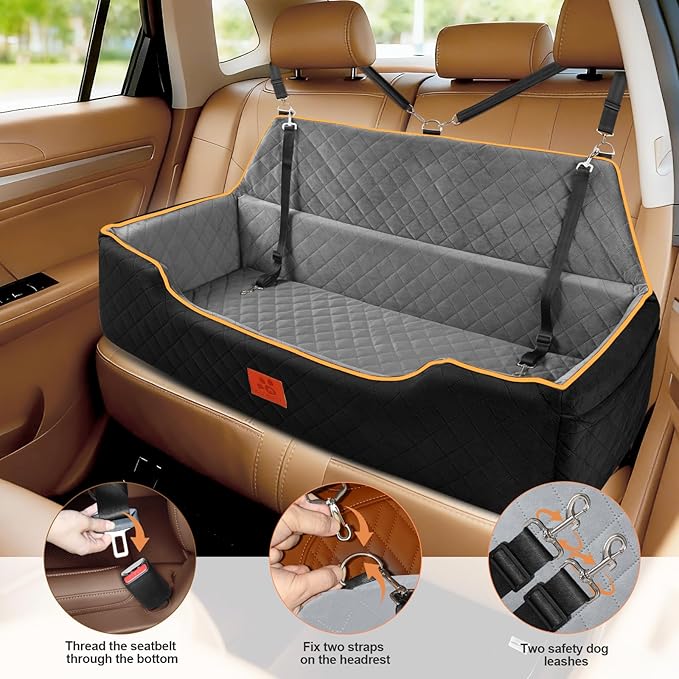 Large Dog Car Seat for Dods Under 100 Lbs, Memory Foam Dog Car Bed for Backseat & Trunk, Detachable and Washable Cover, Pet Travel Seat with Storage Pockets, 2 Safety Belts