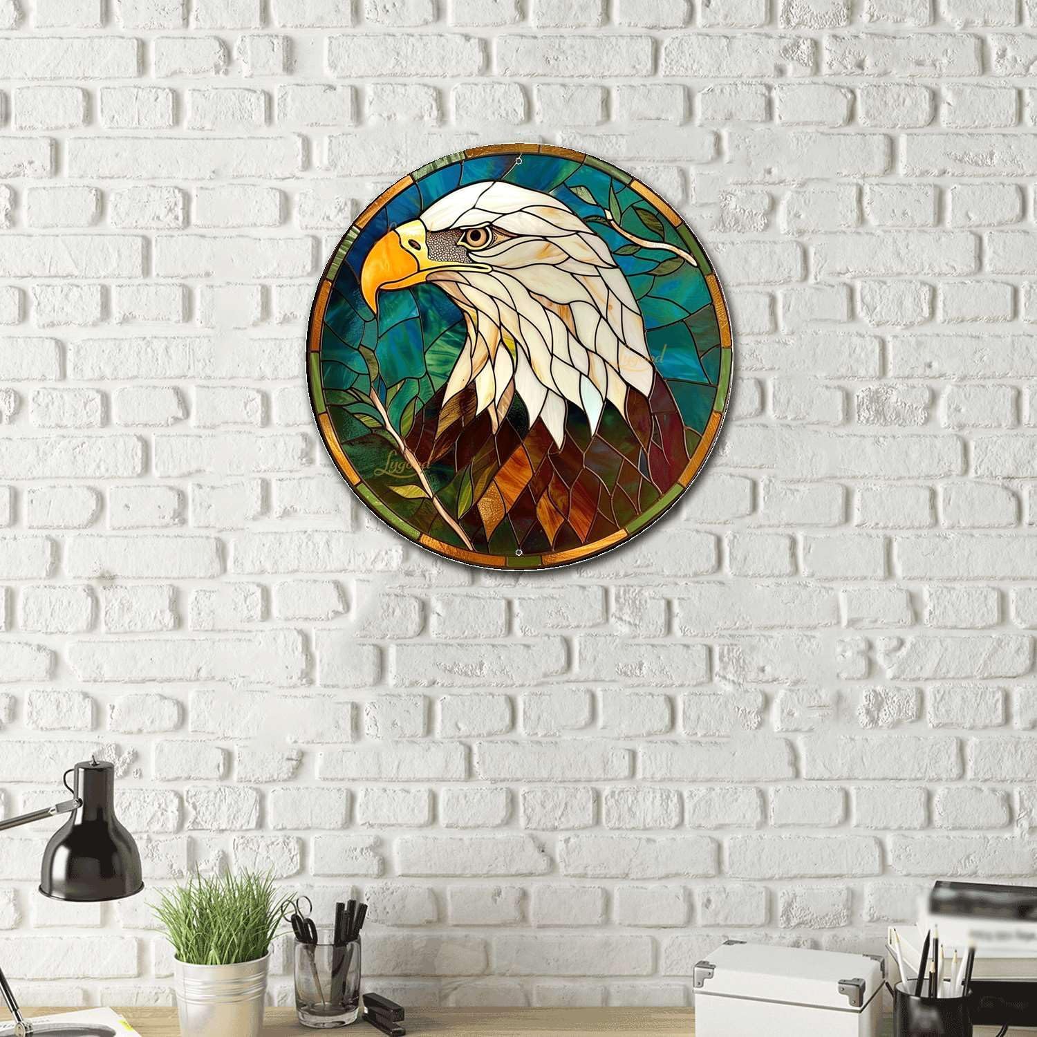 Lygond Metal Sign Tin Sign Circular Stained Glass Bald Eagle Kitty Decor for Club 12×12 Inches