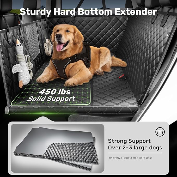Zanch Heavy-Duty Dog Car Seat Cover, Flat Solid Back Seat Extender for Multi Large Dogs, Hard-Base Supports 450 lb, Waterproof Scrachproof Hammock Protector, Standard for Cars, SUV, Trucks, Black