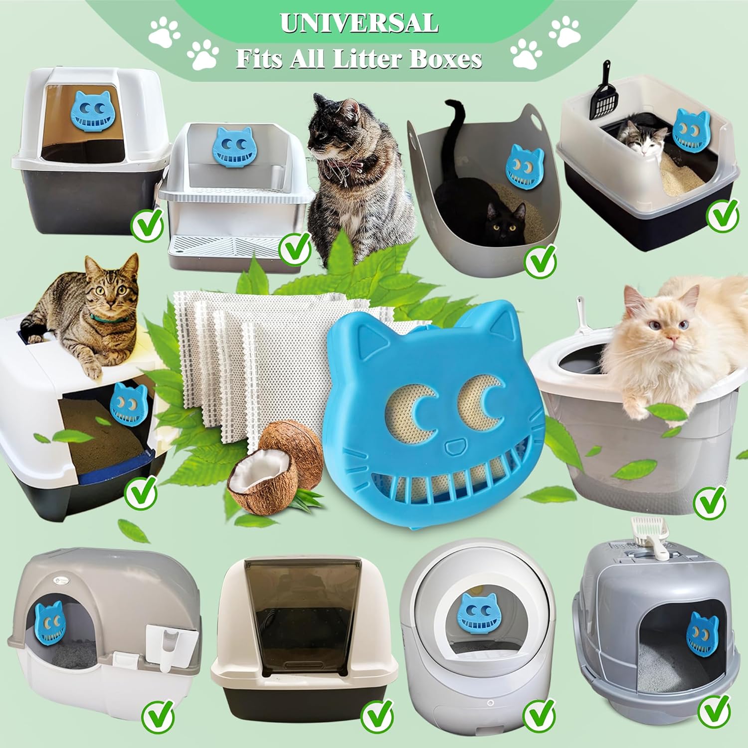 Unscented Cat Litter Box Deodorizer Kit Stick-On Activated Carbon Odor Eliminators Compatible with most manual and automatic litter boxes (4 Refills+ 1 Box) (Blue, Unscented)