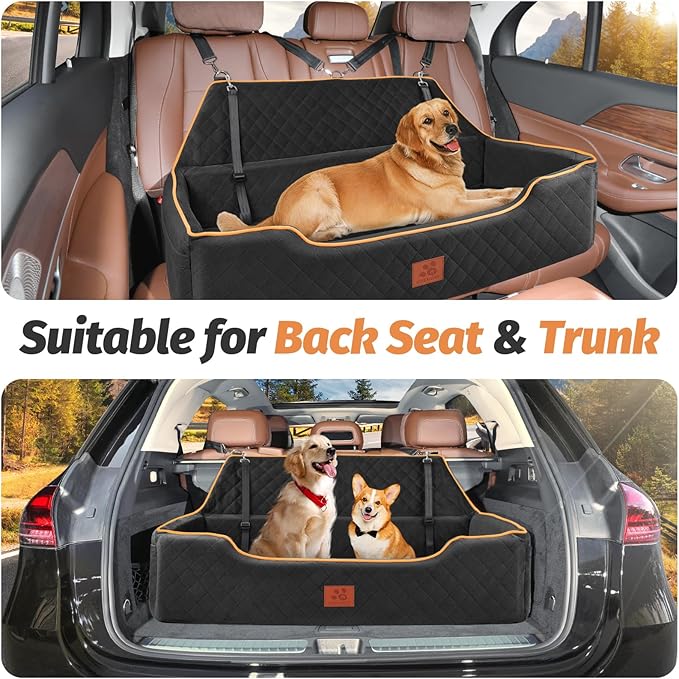 Large Dog Car Seat for Dods Under 100 Lbs, Memory Foam Dog Car Bed for Backseat & Trunk, Detachable and Washable Cover, Pet Travel Seat with Storage Pockets, 2 Safety Belts