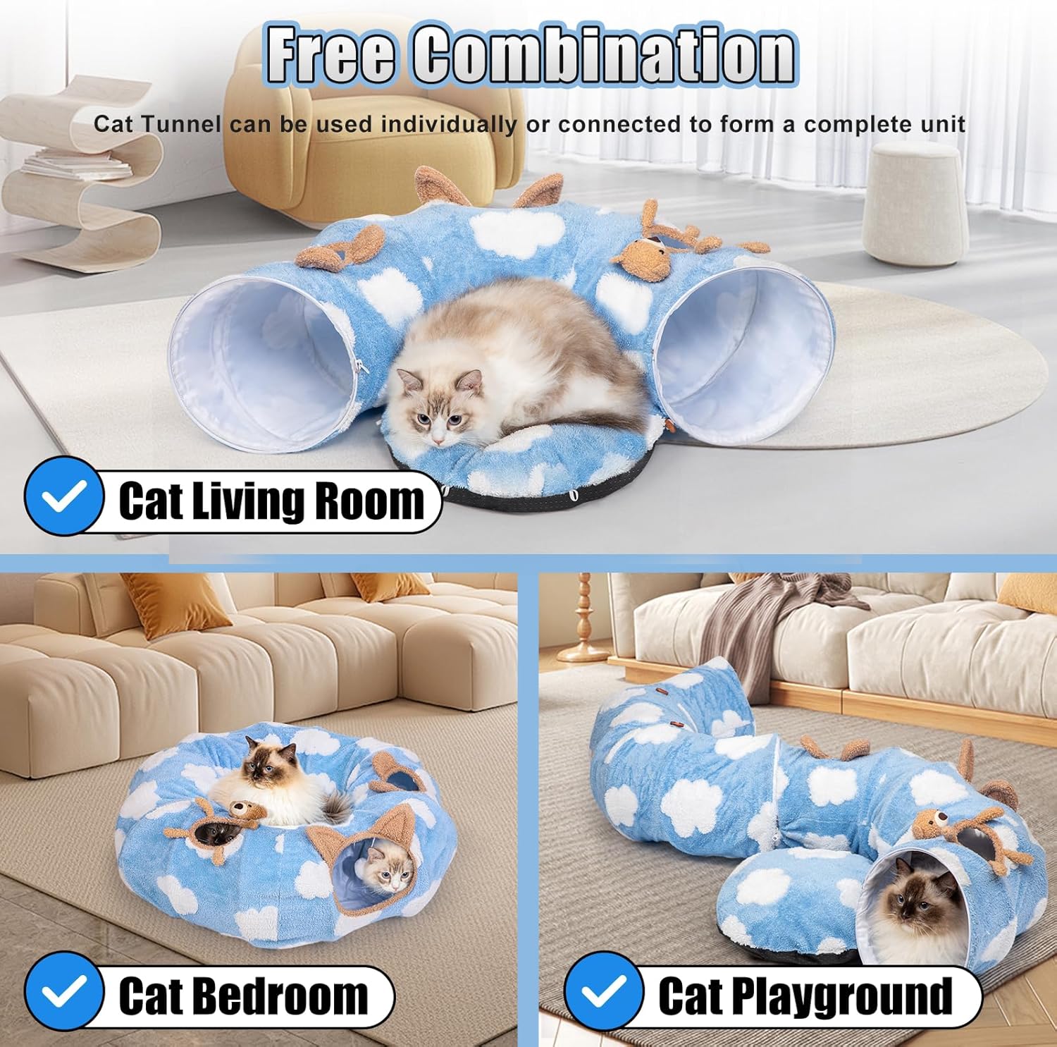 Cat Tunnel Bed, Cat Tunnels for Indoor Cats with Washable Circle Cushion, Multifunctional Peekaboo Cat Cave Donut Tubes Tunnel for Cat Kitty Kitten Puppy Rabbit Ferret (Sky Blue)