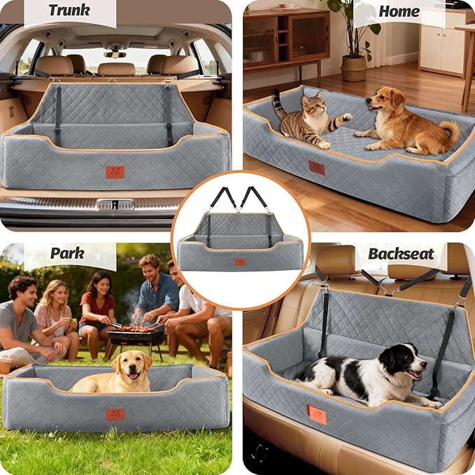 Large Dog Car Seat for Dods Under 100 Lbs, Memory Foam Dog Car Bed for Backseat & Trunk, Detachable and Washable Cover, Pet Travel Seat with Storage Pockets, 2 Safety Belts