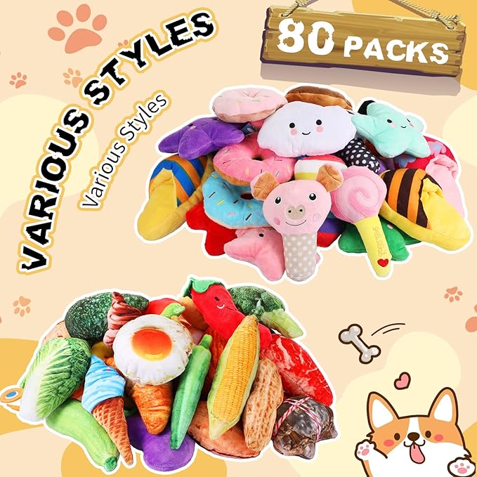 Hungdao 80 Pcs Christmas Dog Toys Squeaky Dog Gifts Bulk for Medium Small Puppy Stuffed Plush Chew Toys Small Pet with Squeakers for Puppies Teething(Cute Style)