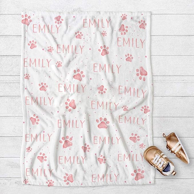 Personalized Dog Blanket - Custom Puppy Throw With Pet's Name and Cute Paw Print, Fluffy for Small Dogs 40"x30"