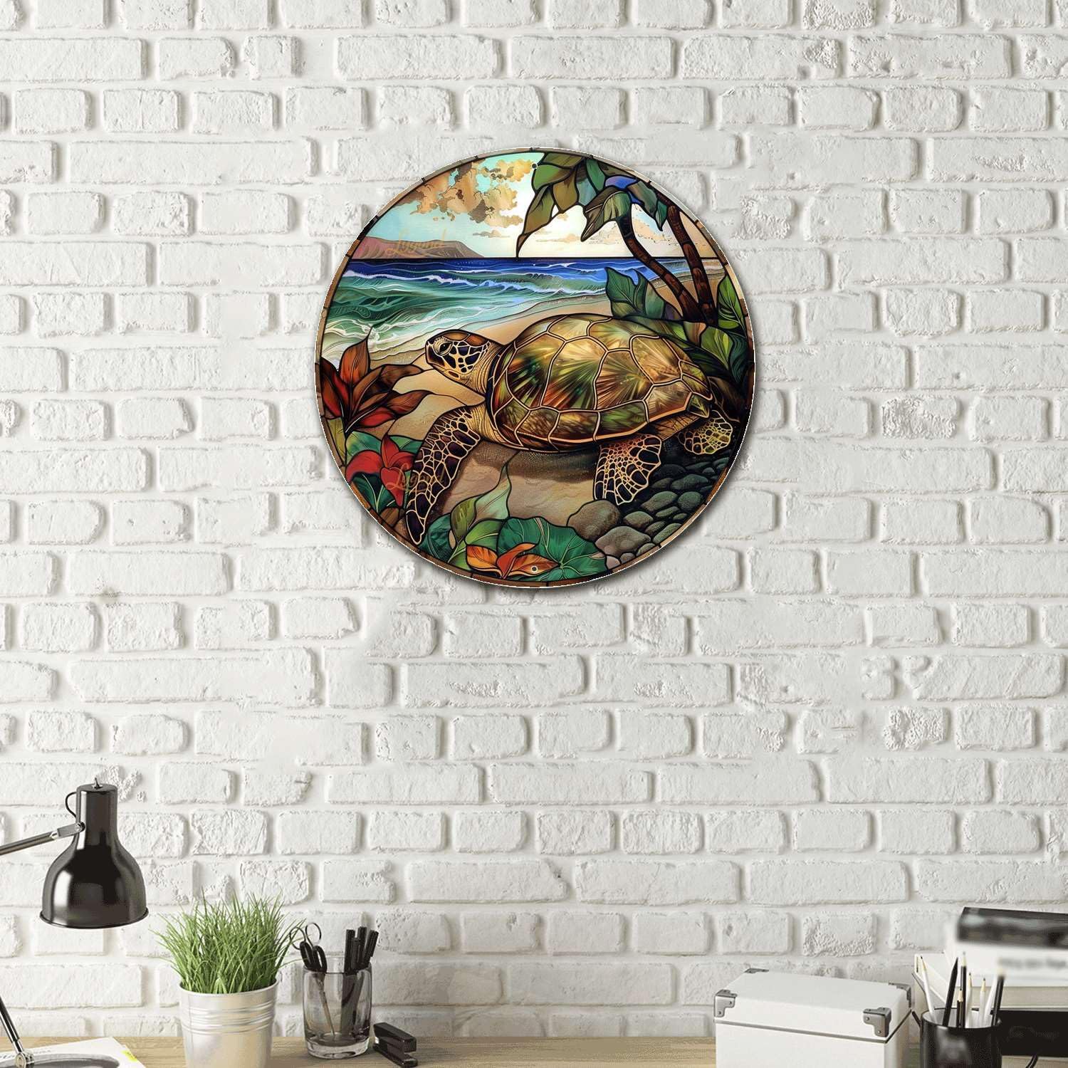 Lygond Metal Stained Glass Turtle Tin Sign for Home Decor - 1212 Inches