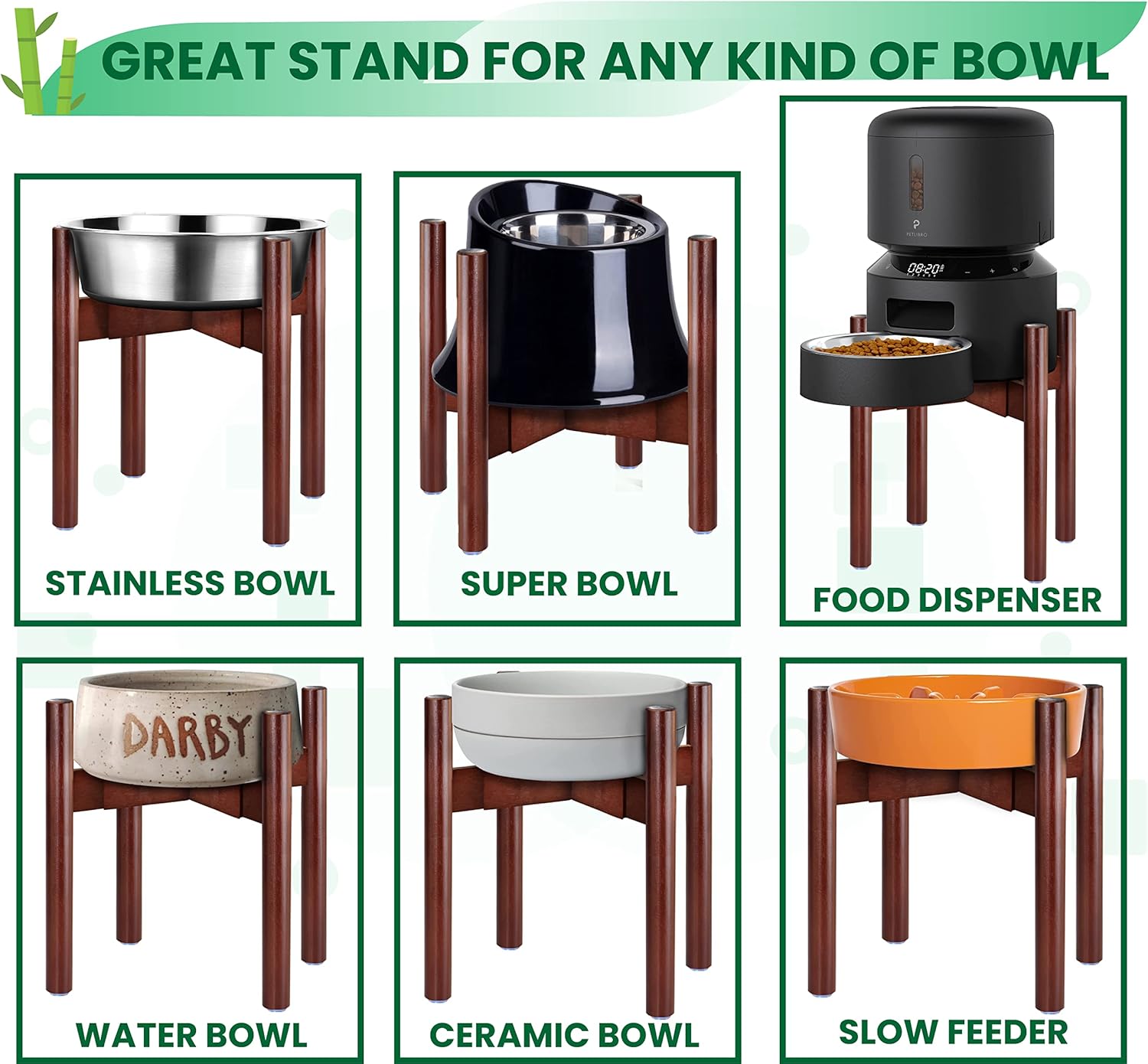 Stand for Dog Water/Food Bowl, Fountain Dishes and Feeders - Makes 14-inch High, Ideal for Large Breeds - Adjustable Sideways with Lock, Dark Wood - Bowls Not Included