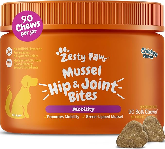 Zesty Paws Mussel Mobility Bites for Dogs - New Zealand Green Lipped Mussel with Natural Glucosamine & Chondroitin + Omega-3 Fatty Acids - Hip & Joint Support Supplement Soft Chews – 90 Count