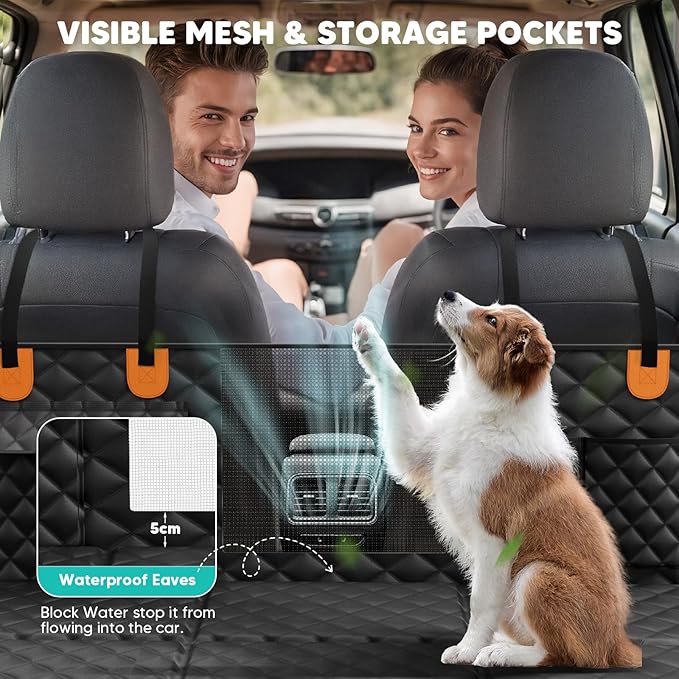 Ultra Thick Hard Bottom Dog Car Seat Cover for Back Seat, Waterproof Dog Hammock for Car with Mesh Window & Pocket, Pet Rear Seat Cover Protector Holds 400lbs for Car SUV
