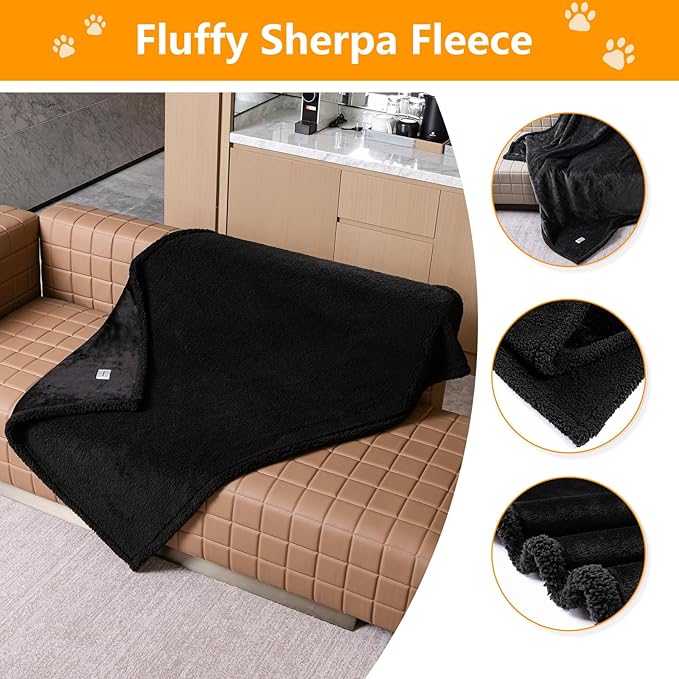 Waterproof Dog Throw Blanket for Couch Black Pet Blankets for Small Doggie Cat Fluffy Calming Sofa Covers Puppy Washable Cats Jacquard Fleece Blanket for Warm-Black,XS-28x20in