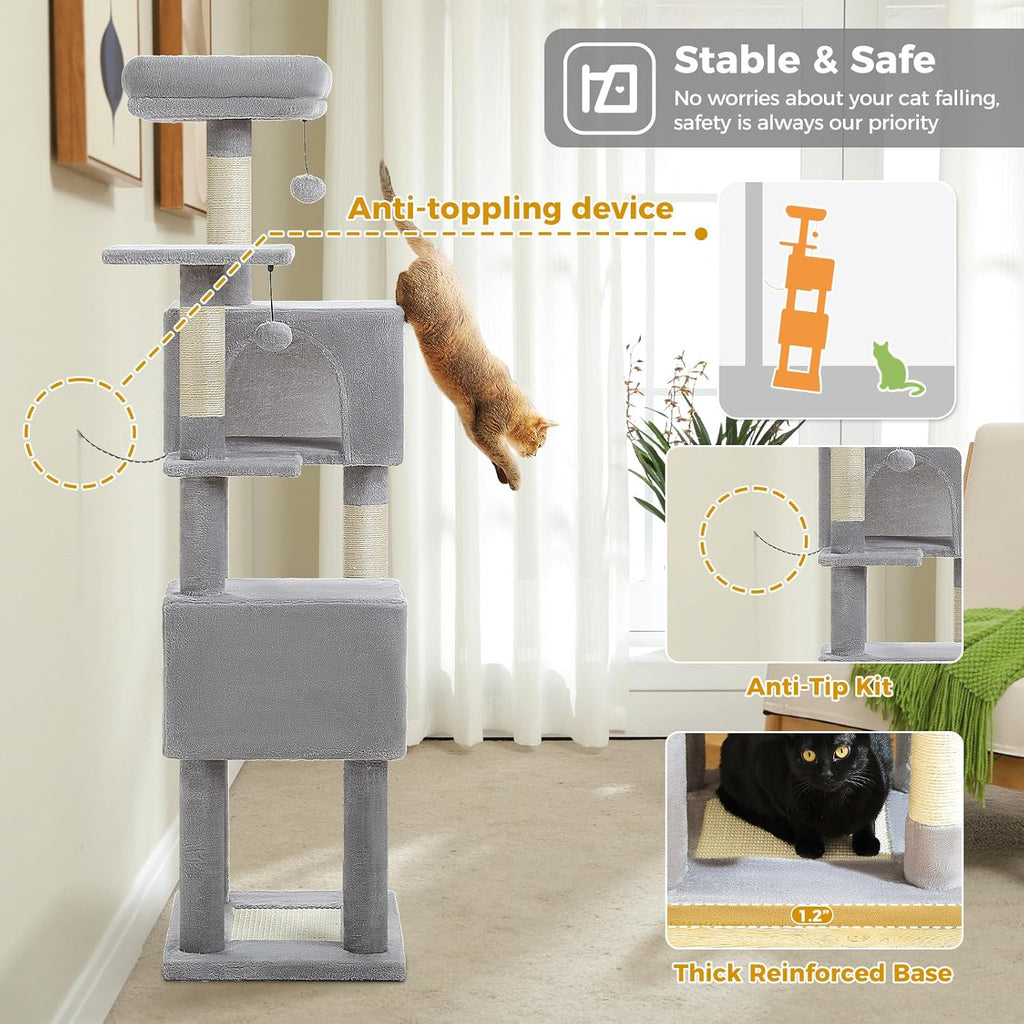 62-Inch Cat Tree for Indoor Cats, Large Cat Tower with Scratching Posts for Large Cats, 2 Bigger Plush Condos, Padded Platform, Soft Cat Bed and Scratching Pad, 2 Pompoms, Gray