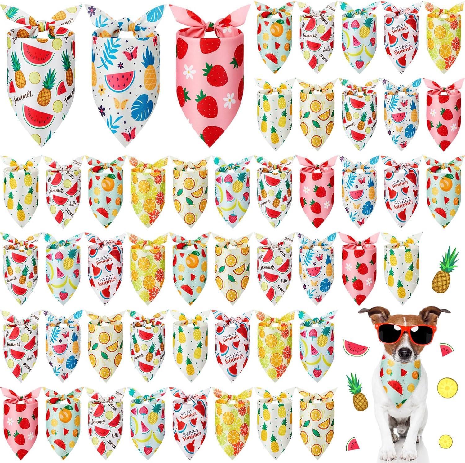 Weewooday 50 Pcs Fruit Dog Bandanas Bulk for Dogs Soft Bibs Adjustable Triangle pet Bandana for Small Medium Large Costume(Fruits Pattern, 25.6 x 17.7 x 17.7 Inch)
