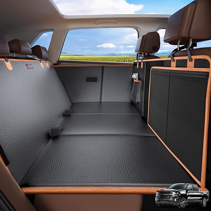 FURTIME XL Back Seat Extender for Dogs, Hard Bottom Dog Car Seat Cover for Truck Back Seat, Upgraded PU Leather Waterproof Anti-Scratch, Large Space Back Seat Cover for Full Size Truck SUV
