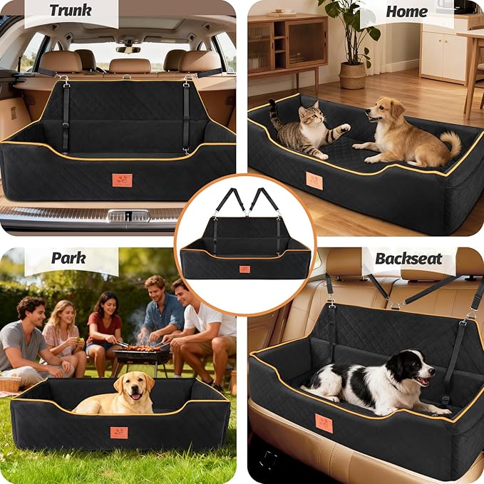 Large Dog Car Seat for Dods Under 100 Lbs, Memory Foam Dog Car Bed for Backseat & Trunk, Detachable and Washable Cover, Pet Travel Seat with Storage Pockets, 2 Safety Belts