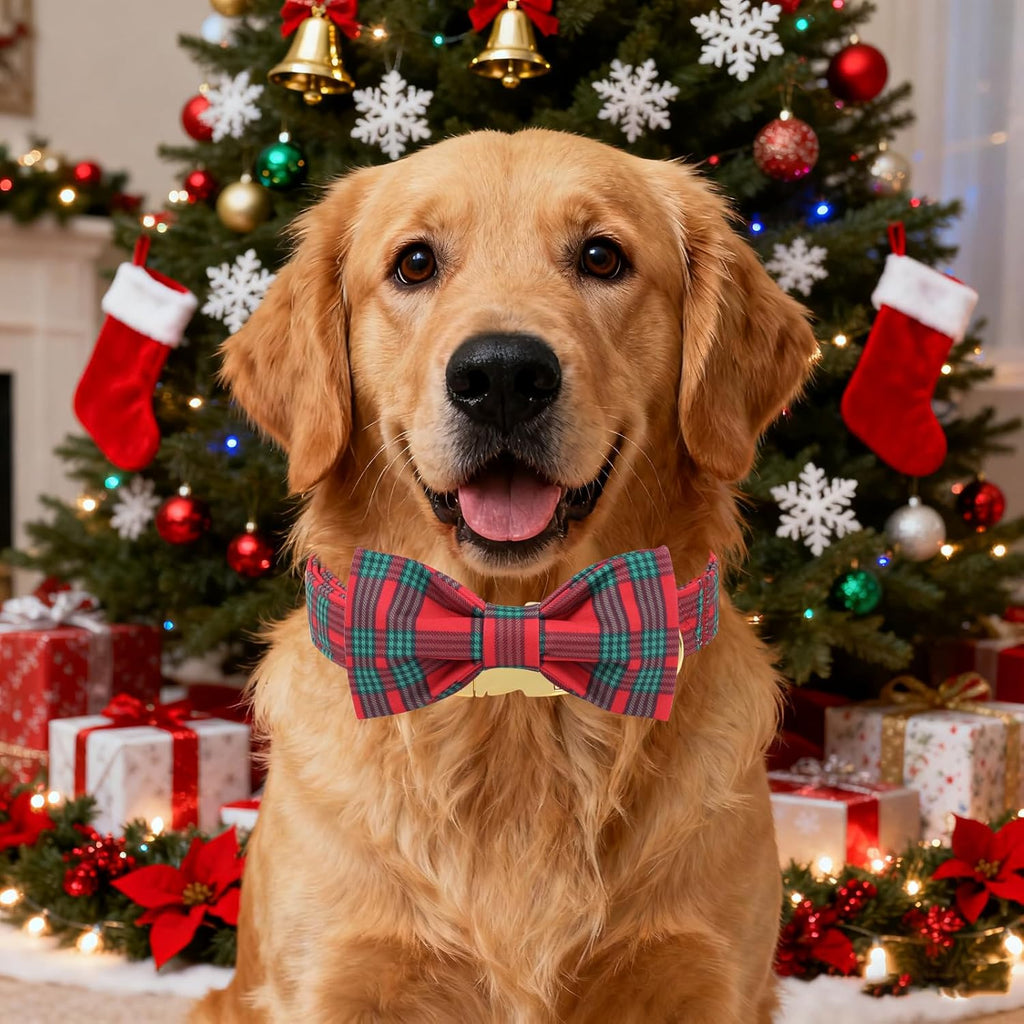 Unique Style Paws Christmas Dog Collar with Bow Red Green Plaid Cotton Puppy Collars for Small Medium Large Dogs
