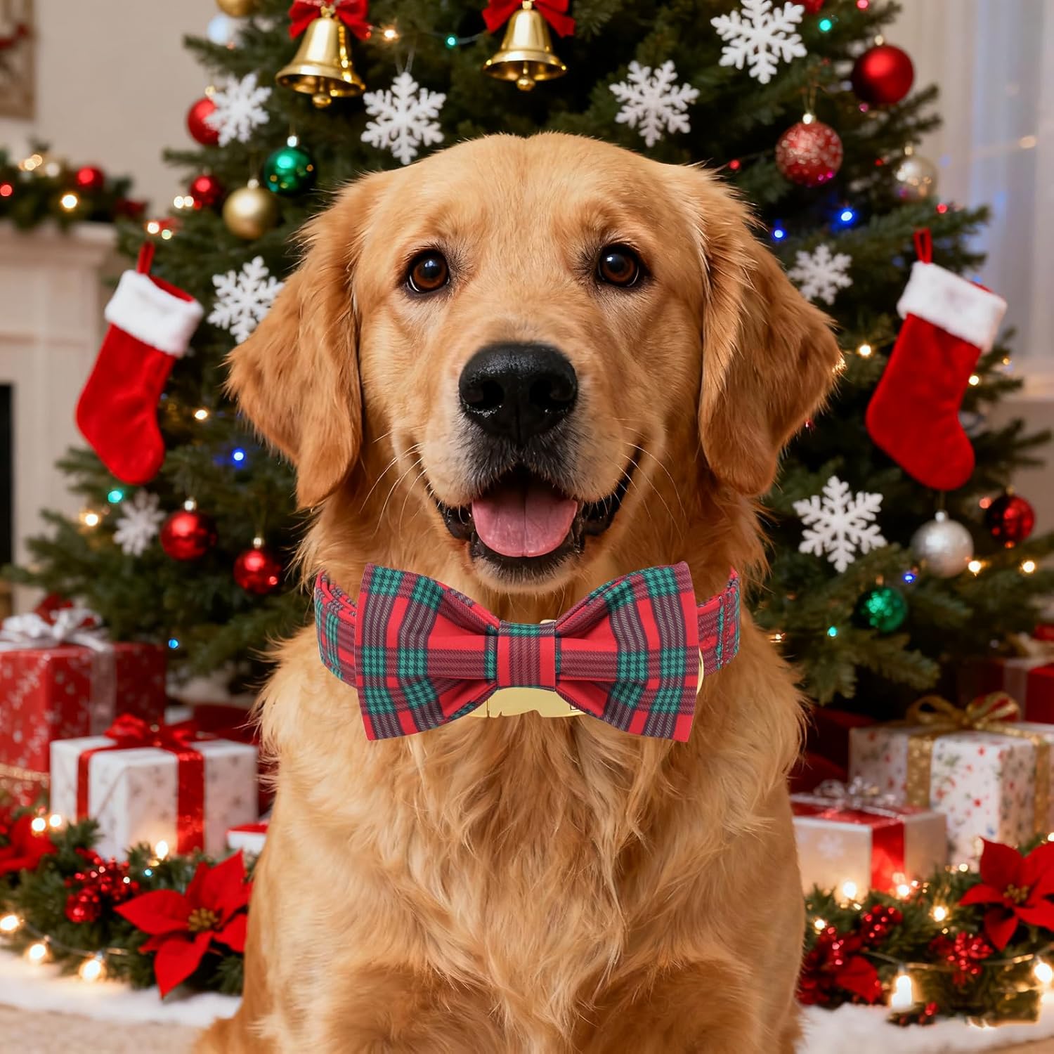 Unique Style Paws Christmas Dog Collar with Bow Red Green Plaid Cotton Puppy Collars for Small Medium Large Dogs