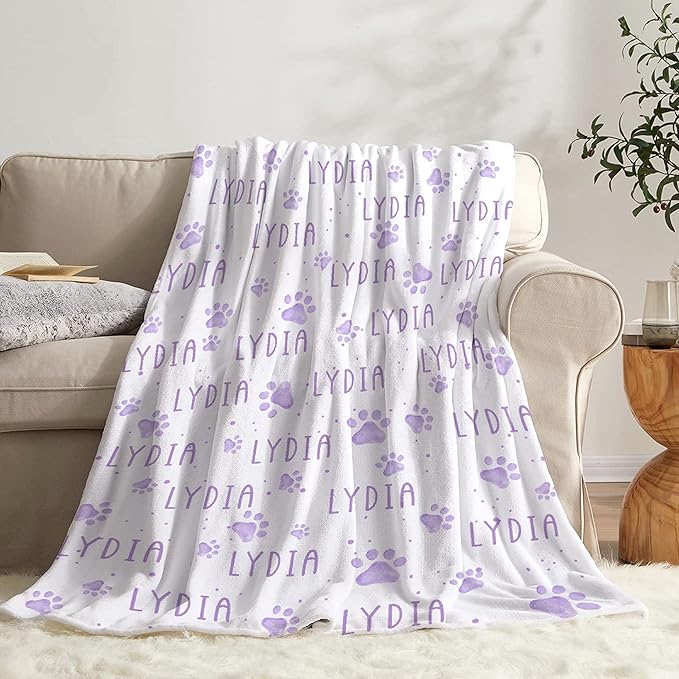 Personalized Dog Blankets Dog Paw Print Blanket Puppy Blanket - Custom Dog Blanket with Pets Name Cute Paw Print Pet Throw Puppy Fluffy Blankets L 80"x60" for Adult/Gift