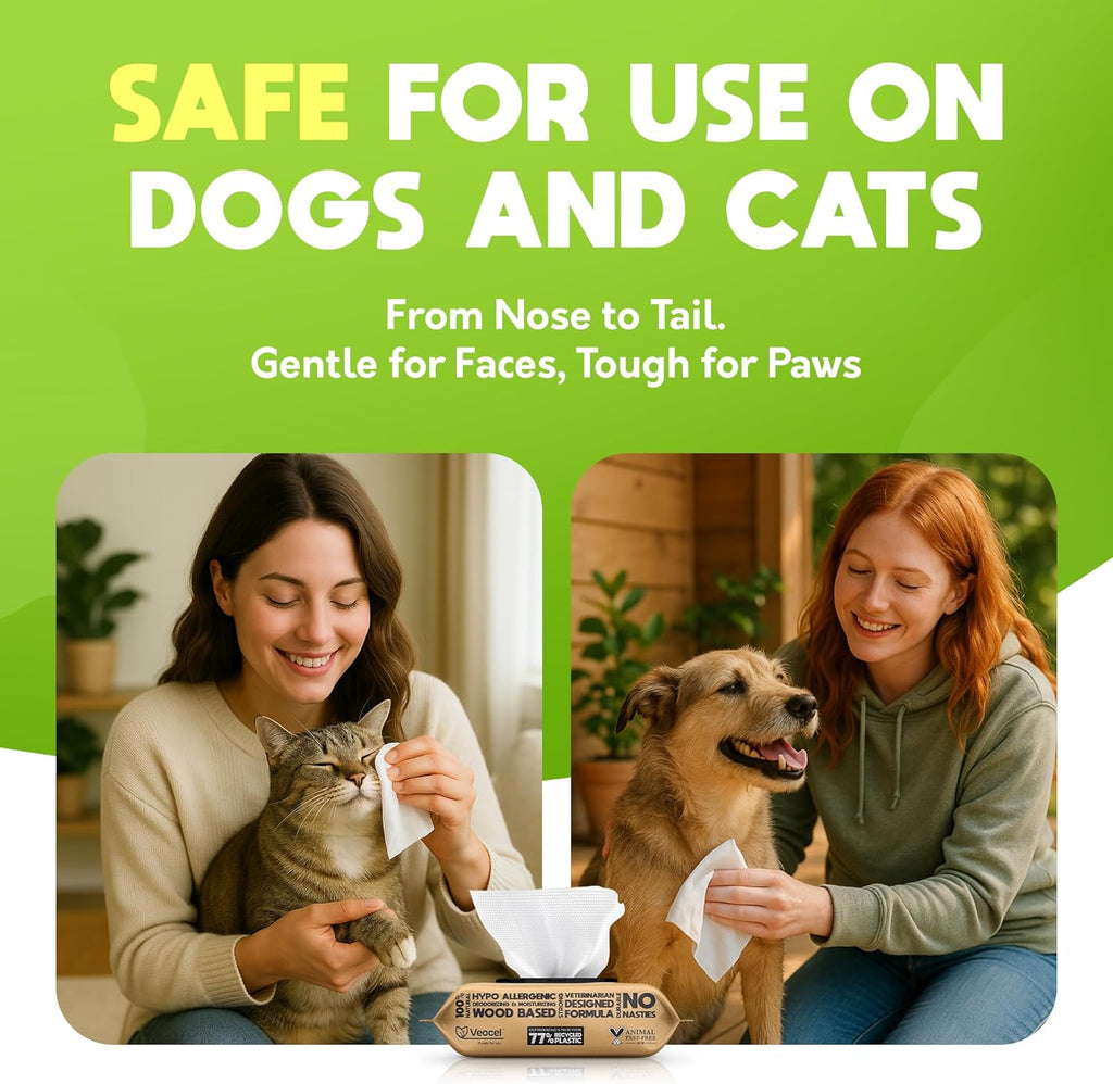 Lick-Safe Pet Wipes for Dogs & Cats - Vet-Approved & Hypoallergenic - Cleans Mud, Odors & Dander - Wipes for Paws, Face & Butt - 10% to Charity - Earth-Friendly & Unscented Cat Cleaning - Pack of 100