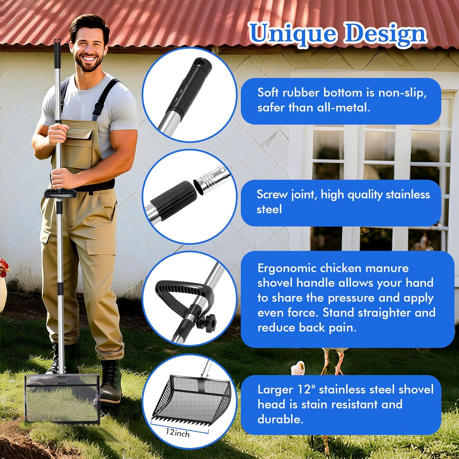 12 Inch Chicken Poop Scooper & Rake 2-in-1, Large Metal Shovel Head, Rubber Handle Stainless Steel Chicken Litter Scoop for Chicken Coops, Litter Screening Scoop (35 to 65in) US Patent Pending (Black)