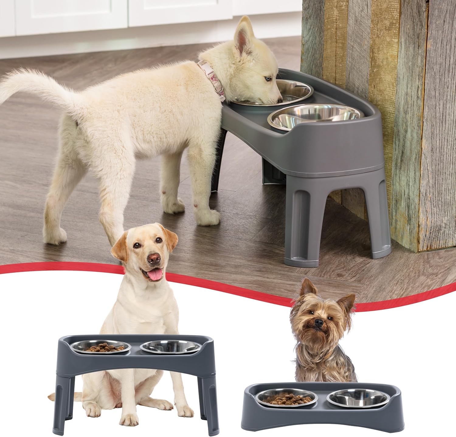 IRIS USA Elevated Dog Bowls, Adjustable Height, 2 Thick 64 oz Stainless Steel Bowls, Spill-Proof with Raised Outer Rim, Durable Made in USA Plastic, Easy Assemble, 2 Heights 4.63" or 12.25" Dark Gray