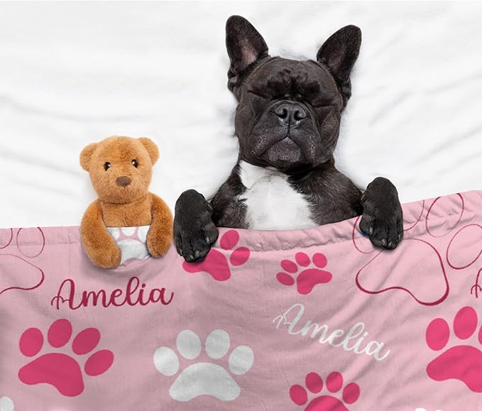 Personalized Dog Blankets Dog Paw Print Blanket Puppy Blanket - Custom Dog Blanket with Pets Name Cute Paw Print Pet Throw Puppy Fluffy Blankets 50"x40" for Kids