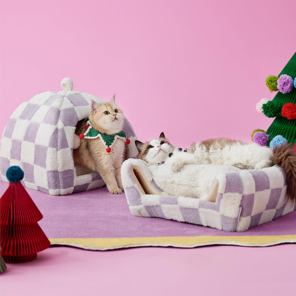 Lesure Cute Cat Beds for Indoor Cats - 2 in 1 Large Cat Cave Bed with Removable Washable Cushioned Pillow, Cozy Kitten with Non-Slip Bottom, Purple, 17.3 inches