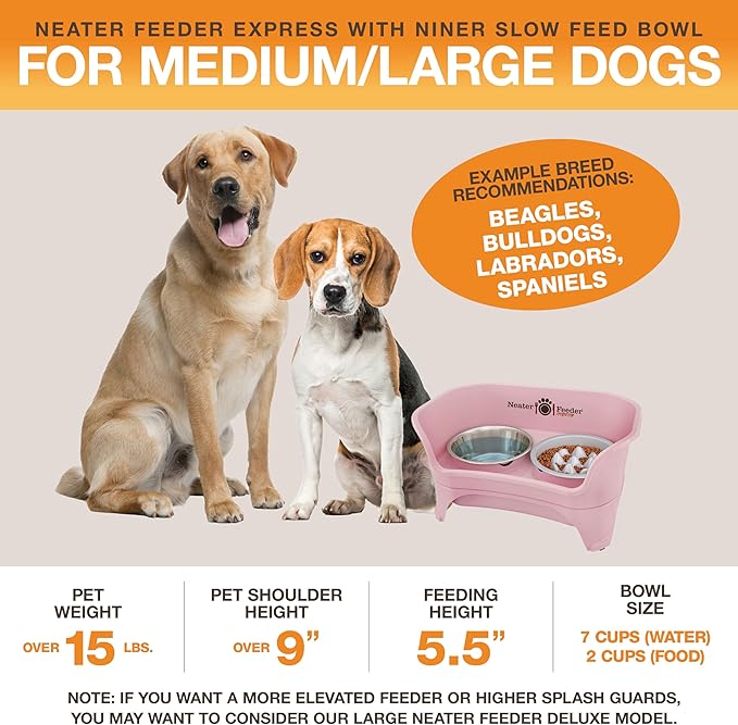 Neater Feeder Express Mess Proof Dog Bowls Elevated for Medium and Large Breed – Made in USA – No Spill Raised Slow Feeder Elevated Dog Bowl Stand, Slow Feed Food and Water Bowl Set, Pink